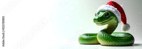 Banner with green smiling snake in Santa Claus red hat, symbol of year 2025