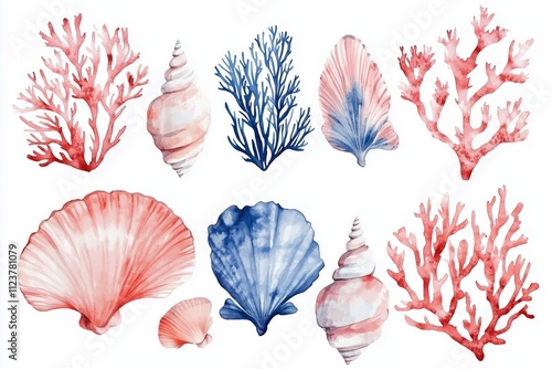 A collection of seashells and corals on a white background, watercolor illustration, high-quality marine clipart.  photo