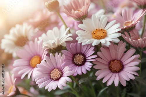 Beautiful daisies in soft pastel colors filling the frame with warmth and vibrance in a garden setting during daylight hours