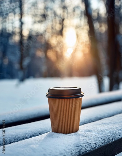 Steaming coffee cup sitting on snowy bench in winter park at sunset