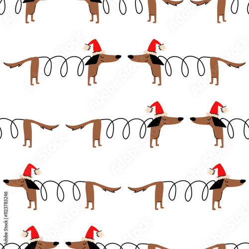 A fun Christmas seamless pattern with cute dachshund dogs. Banner, poster, wallpaper, wrapping paper, background, packaging, fabric template.