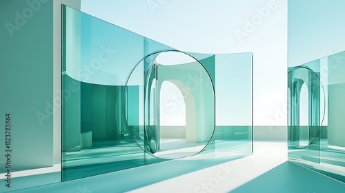 Minimalist abstract glass structures creating a futuristic architectural composition