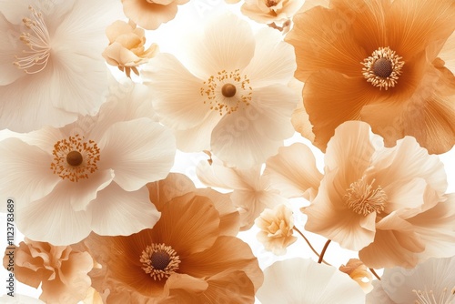 Delicate floral arrangement featuring soft peach and white blossoms on a light background