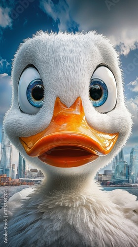 Cute animated duck character looking at the viewer with a city skyline behind