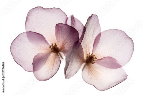 Beautiful delicate flowers with soft purple and pink hues arranged artistically on a white background