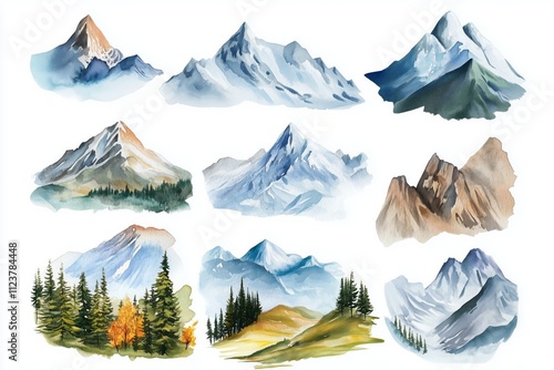 Mountain landscapes, watercolor illustrations of various mountain scenes, isolated on white background  photo