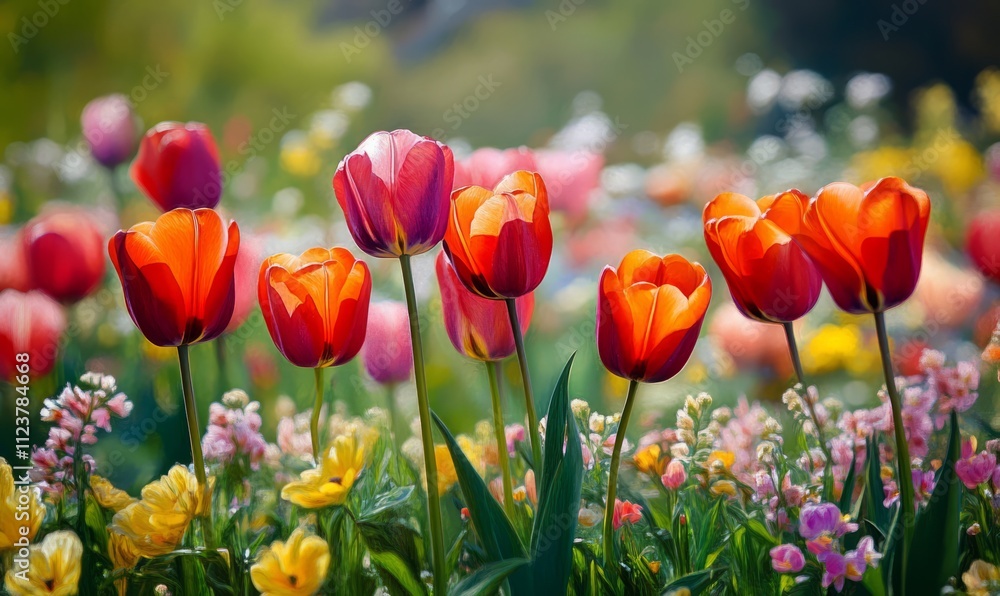 Fototapeta premium Vivid Flowers Fields, beautiful pattern in oil painting