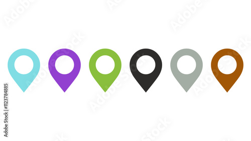 Colorful location pin icons in various colors, 6 set of  location pin icons in different colors.