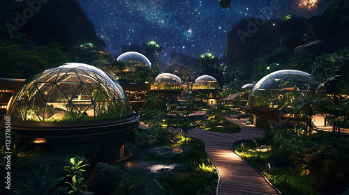 A starlit asteroid city with glass domes protecting vibrant green parks and scenic pathways, magnetically joined. photo