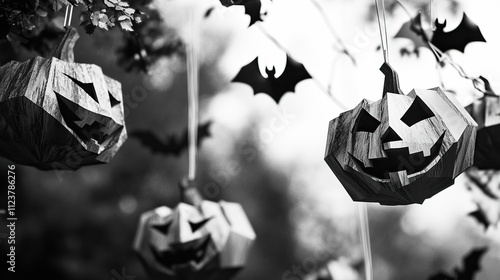 Spooky Halloween Decorations Featuring Colorful Pumpkins and Creepy Bats in the Atmosphere photo