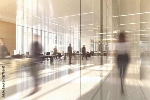 Spacious office space with silhouettes of people movement, modern interiors, blurred motion, beige and gray