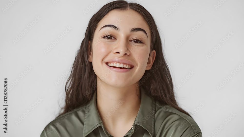 Fototapeta premium Confident beautiful lady looking camera, Portrait of young happy woman looks in camera. clear Skin isolated over white background.