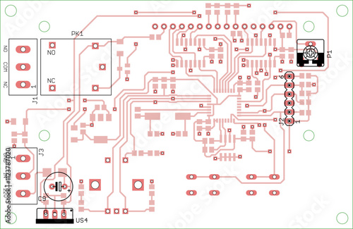 Vector printed circuit board of electronic device with components of radio elements, conductors and contact pads placed on pcb. Engineering technical educational drawing. Computer technic cad design.