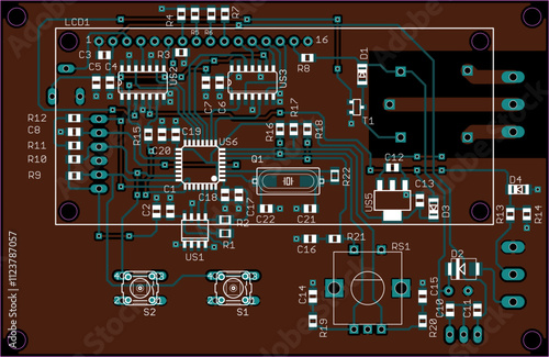 Vector printed circuit board of electronic device with components of radio elements, conductors and contact pads placed on pcb. Engineering technical educational drawing. Computer technic cad design.