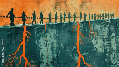 Vibrant illustration shows human chains breaking concrete barriers photo