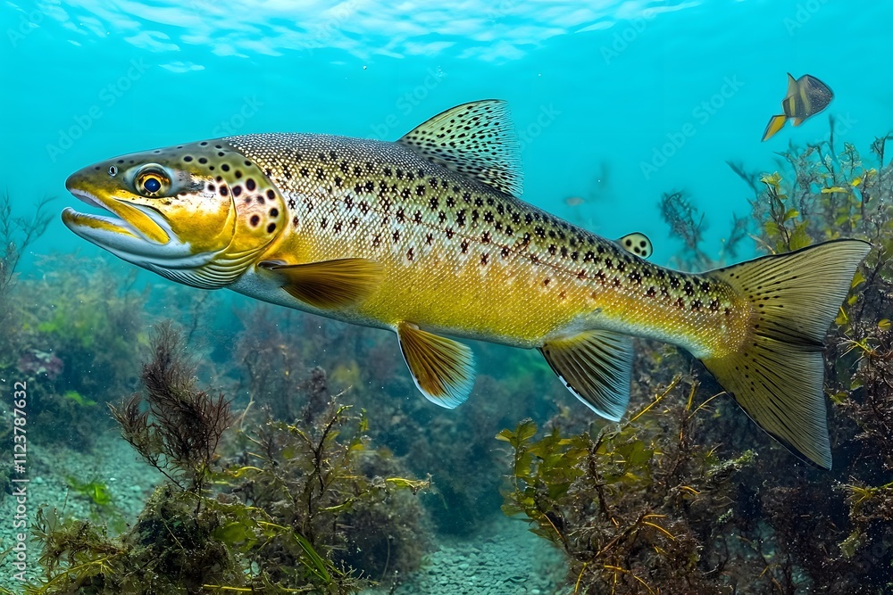 Fototapeta premium A vibrant underwater scene featuring a brown trout swimming among aquatic plants.