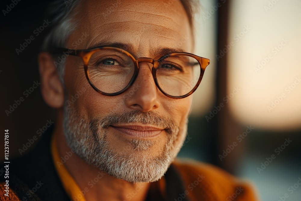Mature man smiles warmly while enjoying a serene sunset outside in a cozy setting Mature man smiles warmly while enjoying a serene sunset outside in a cozy setting