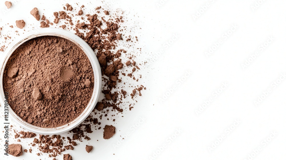 A chocolate-filled bowl atop a white countertop alongside a mound of chocolate powder A chocolate-filled bowl atop a white countertop alongside a mound of chocolate powder