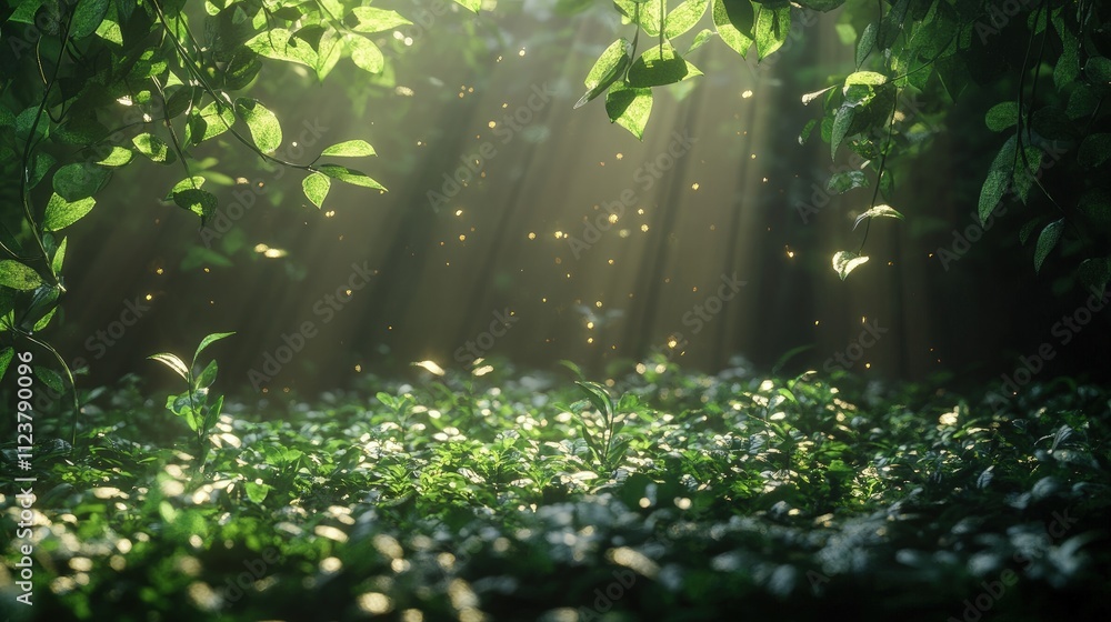 Fototapeta premium Sunbeams illuminate lush green forest floor, creating magical atmosphere.