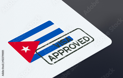Photography Cuba flag and Visa Approved Stamp on a white paper 3D Illustration