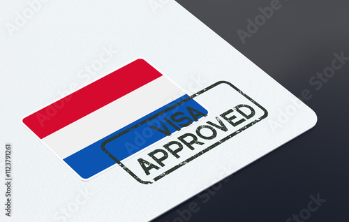 Netherlands flag and Visa Approved Stamp on a white paper 3D Illustration