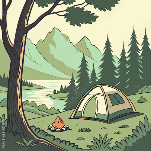 Cartoon camping. Summer nature scene with trailer tent and bonfire. Scenic forest panorama. Lake and mountain peaks scenery. Empty campsite in woodland meadow. Vector landscape background
