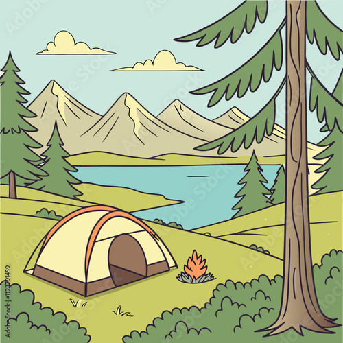 Cartoon camping. Summer nature scene with trailer tent and bonfire. Scenic forest panorama. Lake and mountain peaks scenery. Empty campsite in woodland meadow. Vector landscape background
