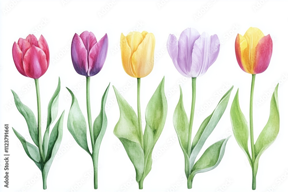 Fototapeta premium Watercolor set of tulips png. Spring tulips with green leaves on a white background. Floral elements for wedding invitations and other designs. watercolor flowers 
