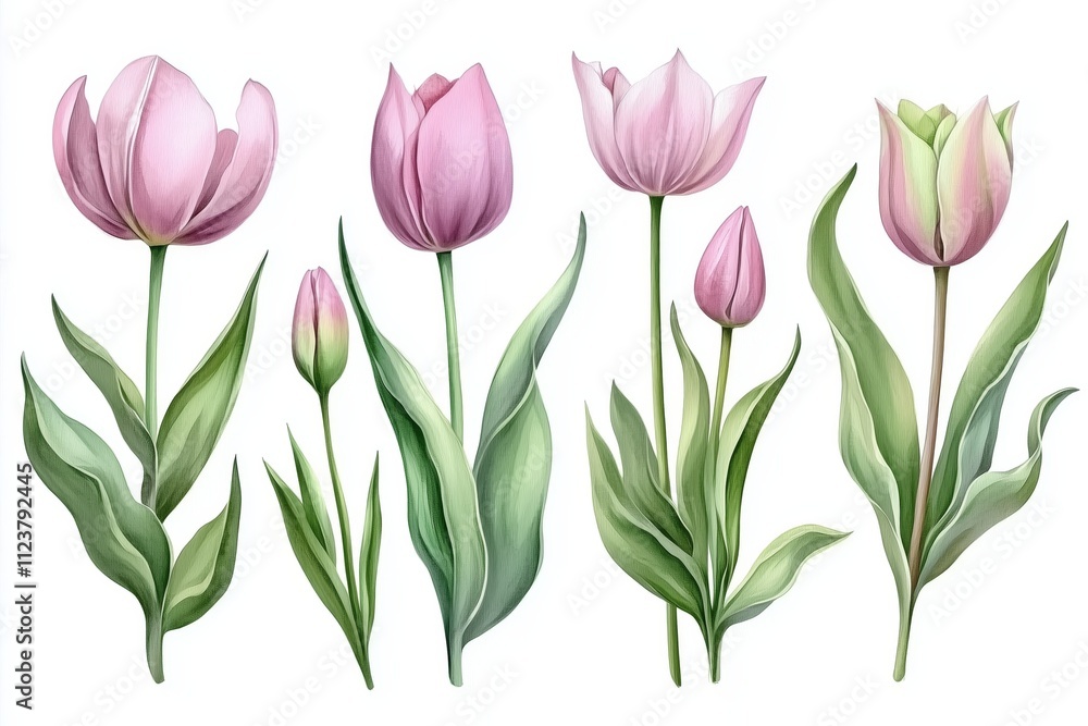 Obraz premium Watercolor set tulips png. Spring tulips with green leaves on a white background. Floral elements for wedding invitations and other designs. watercolor flowers 