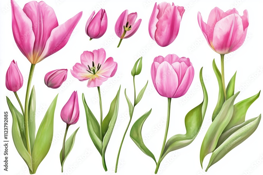 Obraz premium Watercolor set tulips png. Spring tulips with green leaves on a white background. Floral elements for wedding invitations and other designs. watercolor flowers 