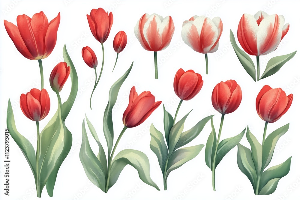 Obraz premium Watercolor set tulips png. Spring tulips with green leaves on a white background. Floral elements for wedding invitations and other designs. watercolor flowers 