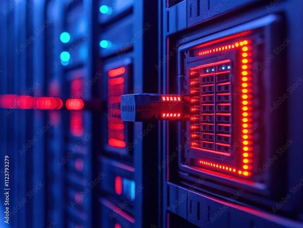 Obraz premium Fiber optic patch panel glowing in a high-tech server room, sleek and professional