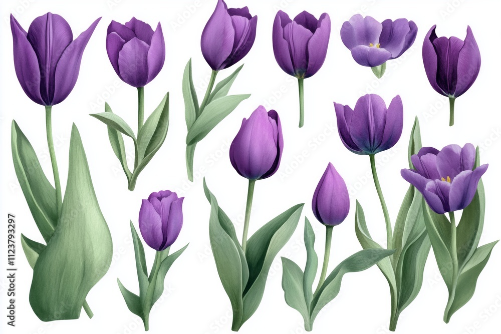 Obraz premium Watercolor set of violet tulips png. Spring violet tulips with green leaves on a white background. Floral elements for wedding invitations and other designs. violet watercolor flowers --ar 3:2 --v 6.1