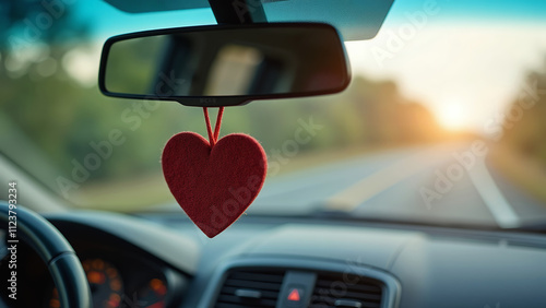Elegant Car Cabin with Heart-Shaped Aroma Diffuser Suspended from Rear View Mirror