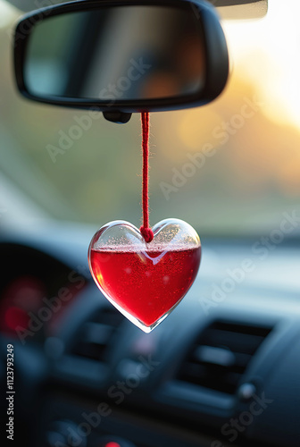 Modern Car Cabin with Heart-Shaped Scented Air Freshener Hanging on Rear View Mirror photo