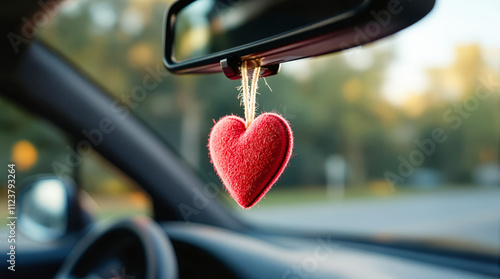 Stylish Car Interior with Heart-Shaped Air Freshener Dangling from Rear View Mirror