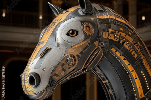 Modern robot horse sculpture displayed in an artistic gallery setting featuring intricate designs and vibrant colors photo