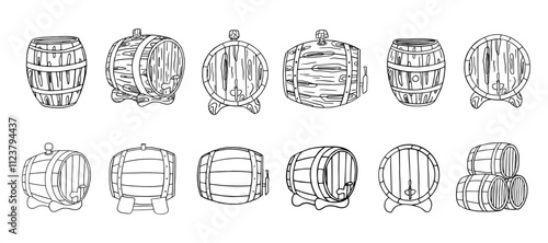 Large set of an oak wine keg and a wooden beer keg. Barrel. Great for bar menu design, packaging, pub. Hand drawn. Doodle style.