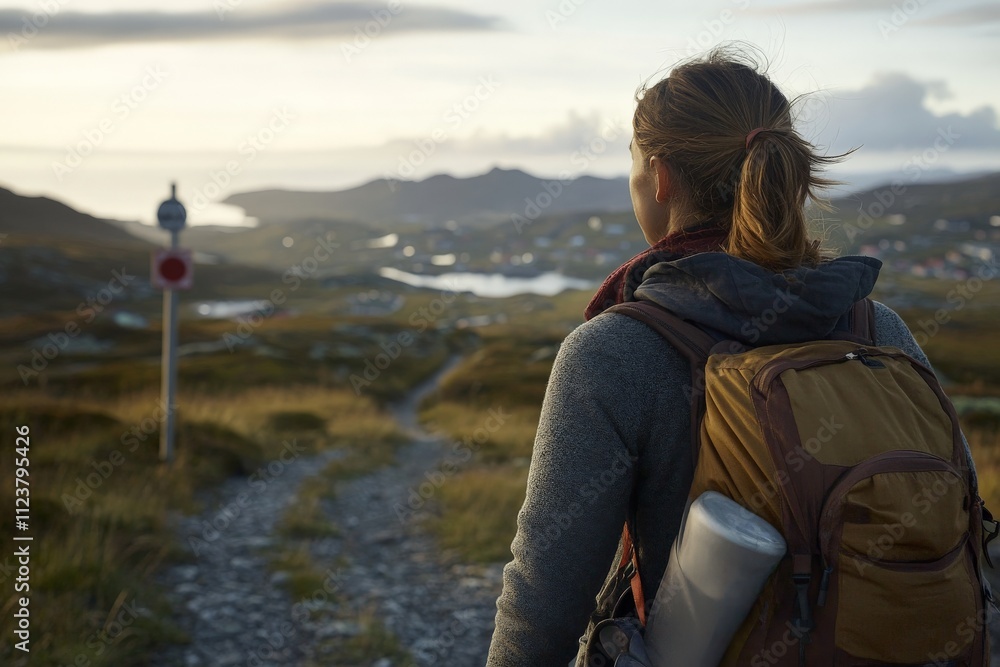Fototapeta premium Exploring scenic trails at sunset in the mountains with a hiker carrying a backpack