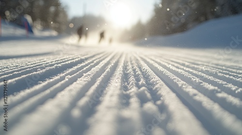 a man snowboards on the slope of a ski resort, snow splashes into the camera. Snowboarders ride on a freshly groomed corduroy slope while on vacation on a sunny winter day. 