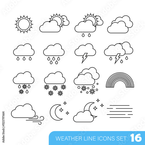 Vector line icons set of weather icons for mobile apps, websites, weather forecast, etc.	