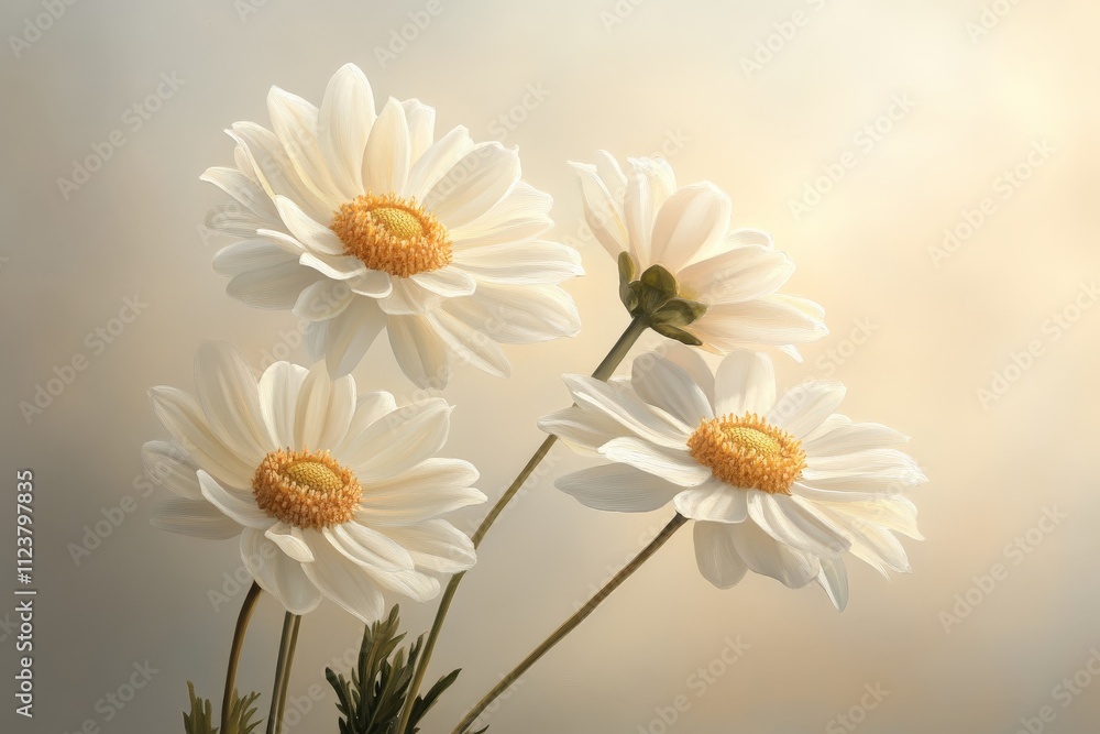 Fototapeta premium Elegant white daisies arranged beautifully in a soft light background showcasing nature's delicate beauty