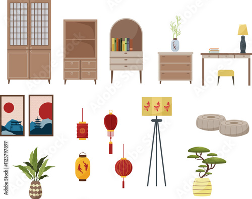 set of furniture of oriental interior. Wardrobe, bedside table, table and floor lamp. Bookcase. Paintings, Japanese lanterns. Bonsai and flowers. Vector illustration