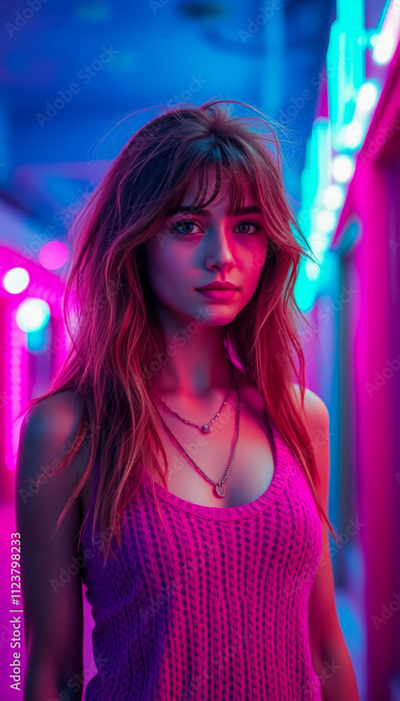 Naklejka premium A surreal portrait of a woman with glowing neon hues and vibrant colors blending across her face, creating an artistic and otherworldly visual aesthetic.