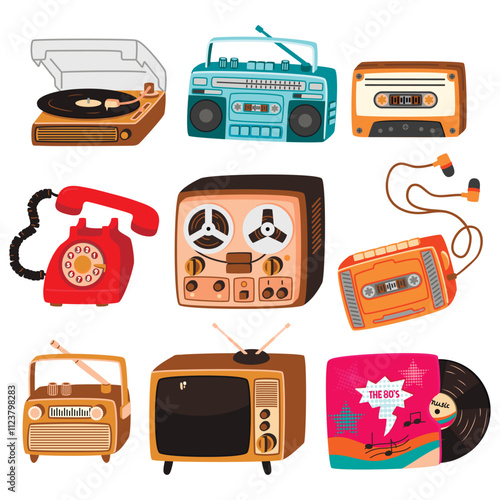 Retro electronic equipments set.Vinyl player, reel-to-reel tape recorder, telephone, TV, boombox, radio, cassette, player with headphones.Vector devices from the 80s.Cartoon flat color illustration.