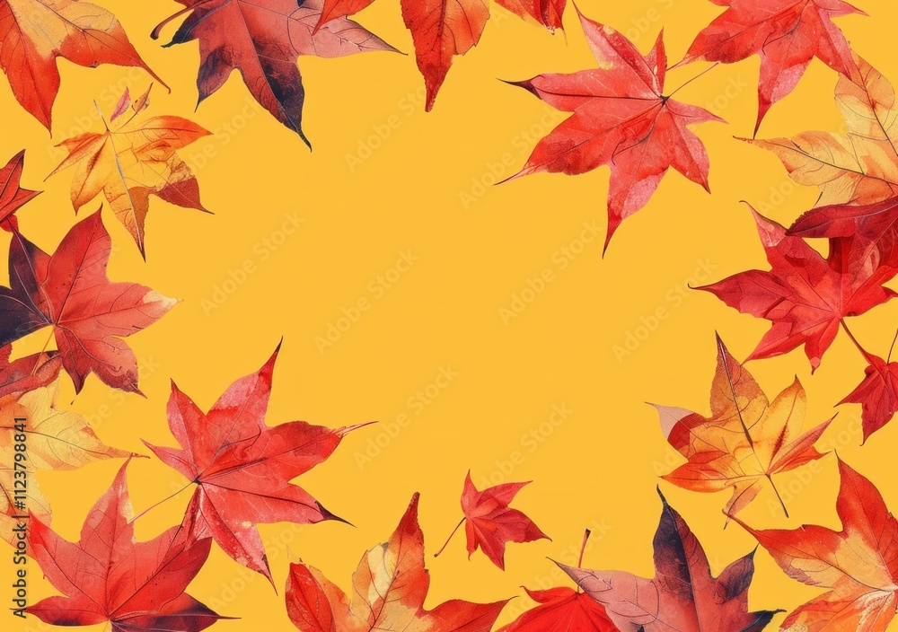 Fototapeta premium autumn leaves, fall colors, seasonal background, vibrant foliage, orange backdrop, nature frame, red and yellow leaves in a circular layout, colorful design, warm hues of autumn, seasonal decor