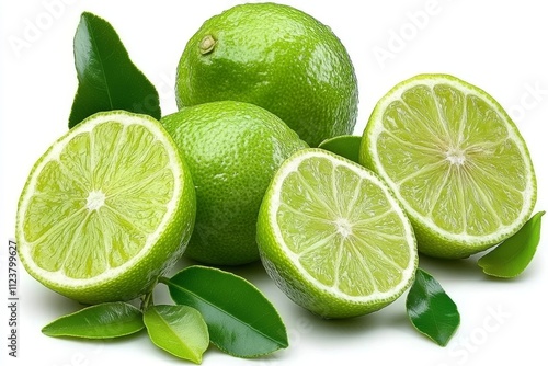  Limas verdes enteras y en mitades, acompañadas de hojas frescas, dispuestas en un fondo limpio y blanco.
