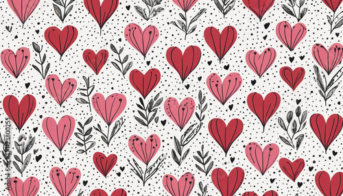 A repeating pattern of hand-drawn hearts on a white background.  The hearts are various shades of pink and red, with black outlines and  small dots inside. Valentines Day Pattern.