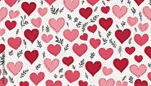 A repeating pattern of hand-drawn hearts on a white background.  The hearts are various shades of pink and red, with black outlines and  small dots inside. Valentines Day Pattern.