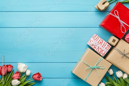  Cajas de regalo envueltas en papeles coloridos, decoradas con lazos, acompañadas de tulipanes rojos y blancos sobre un fondo azul brillante.
 photo